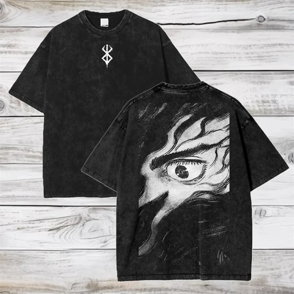Hot Anime Berserk Guts Printing T Shirt Men Manga Clothing Vintage Washed Tee Oversized Cotton Tshirt Harajuku Male T-shirt