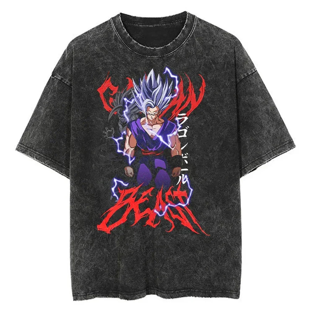 Hip Hop Streetwear Japan Anime Dragon Ball Print Oversized T-Shirt Men Washed Vintage Black Tshirt Summer Casual Cotton T Shirt
