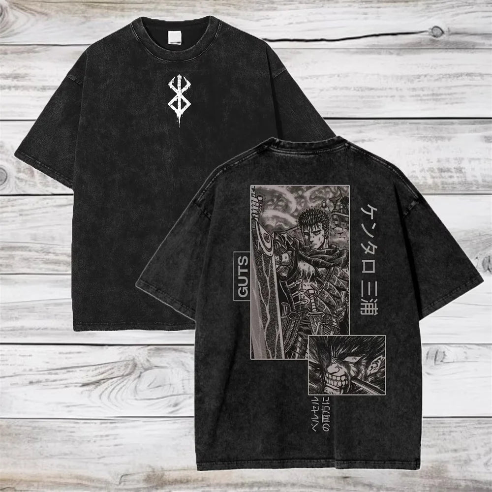 Hot Anime Berserk Guts Printing T Shirt Men Manga Clothing Vintage Washed Tee Oversized Cotton Tshirt Harajuku Male T-shirt