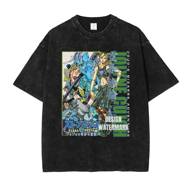 JOJO Steel Ball Run T-shirt Vintage Washed Zeppeli Gyro T Shirts Oversize Manga JOJO DIO Jotaro Jolyne Jean Pierre Tops Tees Men