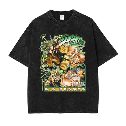 JOJO Steel Ball Run T-shirt Vintage Washed Zeppeli Gyro T Shirts Oversize Manga JOJO DIO Jotaro Jolyne Jean Pierre Tops Tees Men