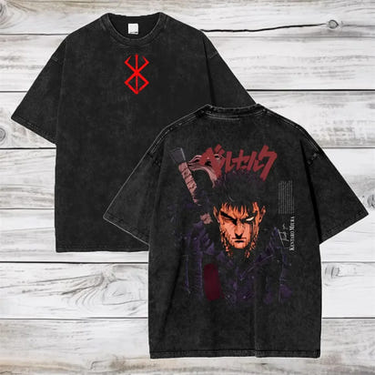 Hot Anime Berserk Guts Printing T Shirt Men Manga Clothing Vintage Washed Tee Oversized Cotton Tshirt Harajuku Male T-shirt