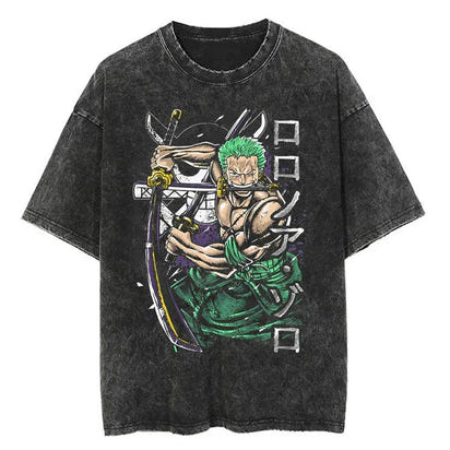 Men Casual Oversized Washed Harajuku T-shirt Washed Japanese Anime One Piece Graphic Loose Streetwear Black Tops Tees