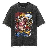 Men Casual Oversized Washed Harajuku T-shirt Washed Japanese Anime One Piece Graphic Loose Streetwear Black Tops Tees