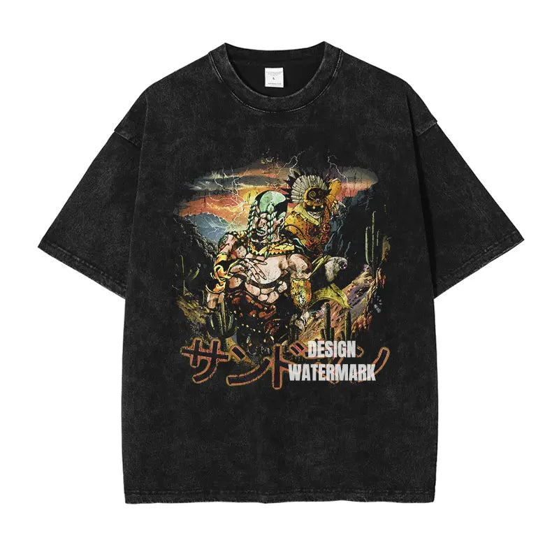 JOJO Steel Ball Run T-shirt Vintage Washed Zeppeli Gyro T Shirts Oversize Manga JOJO DIO Jotaro Jolyne Jean Pierre Tops Tees Men