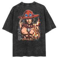 Men Casual Oversized Washed Harajuku T-shirt Washed Japanese Anime One Piece Graphic Loose Streetwear Black Tops Tees