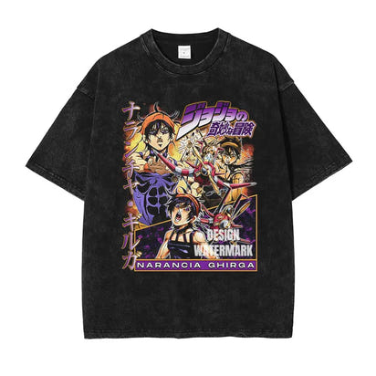 JOJO Steel Ball Run T-shirt Vintage Washed Zeppeli Gyro T Shirts Oversize Manga JOJO DIO Jotaro Jolyne Jean Pierre Tops Tees Men