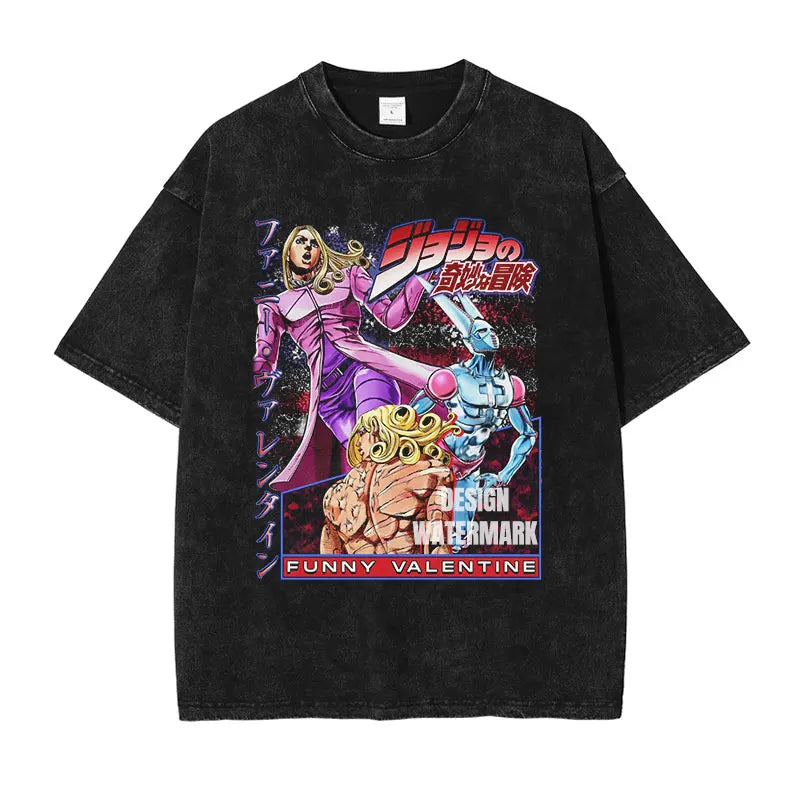 JOJO Steel Ball Run T-shirt Vintage Washed Zeppeli Gyro T Shirts Oversize Manga JOJO DIO Jotaro Jolyne Jean Pierre Tops Tees Men