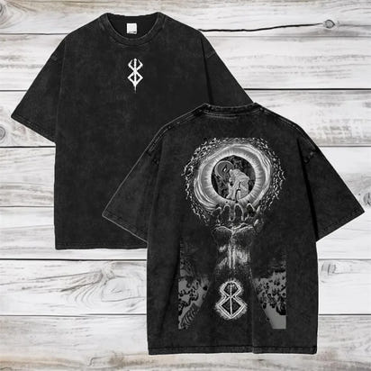 Hot Anime Berserk Guts Printing T Shirt Men Manga Clothing Vintage Washed Tee Oversized Cotton Tshirt Harajuku Male T-shirt