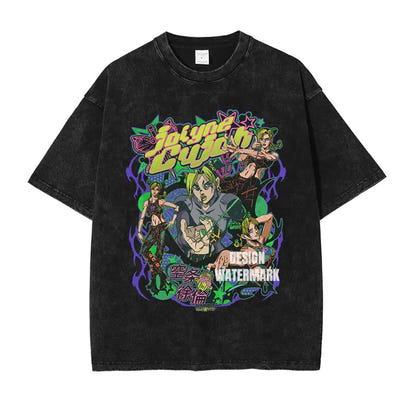 JOJO Steel Ball Run T-shirt Vintage Washed Zeppeli Gyro T Shirts Oversize Manga JOJO DIO Jotaro Jolyne Jean Pierre Tops Tees Men