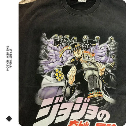 JOJO Steel Ball Run T-shirt Vintage Washed Zeppeli Gyro T Shirts Oversize Manga JOJO DIO Jotaro Jolyne Jean Pierre Tops Tees Men