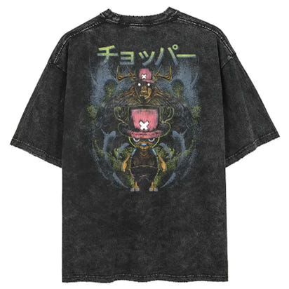 Men Casual Oversized Washed Harajuku T-shirt Washed Japanese Anime One Piece Graphic Loose Streetwear Black Tops Tees