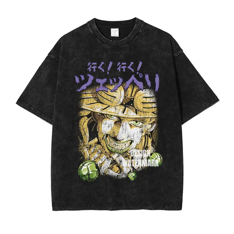 JOJO Steel Ball Run T-shirt Vintage Washed Zeppeli Gyro T Shirts Oversize Manga JOJO DIO Jotaro Jolyne Jean Pierre Tops Tees Men