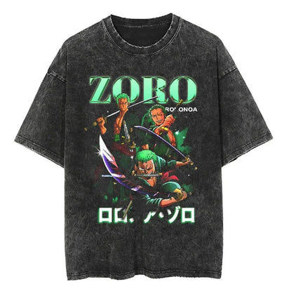 Men Casual Oversized Washed Harajuku T-shirt Washed Japanese Anime One Piece Graphic Loose Streetwear Black Tops Tees