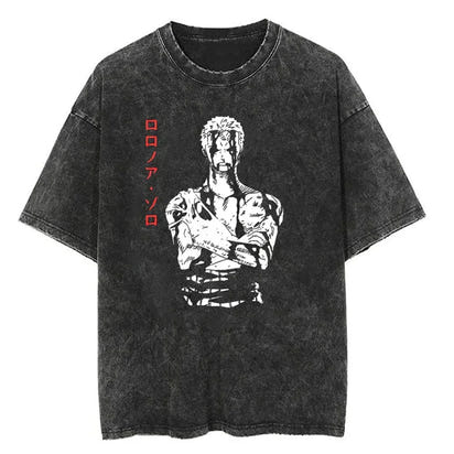 Men Casual Oversized Washed Harajuku T-shirt Washed Japanese Anime One Piece Graphic Loose Streetwear Black Tops Tees
