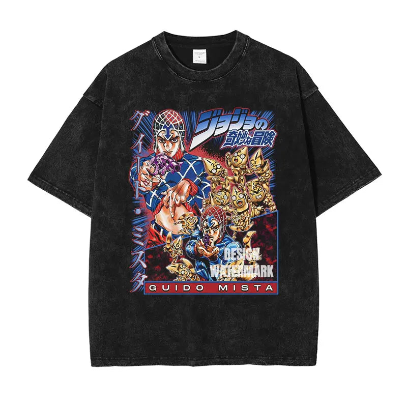 JOJO Steel Ball Run T-shirt Vintage Washed Zeppeli Gyro T Shirts Oversize Manga JOJO DIO Jotaro Jolyne Jean Pierre Tops Tees Men