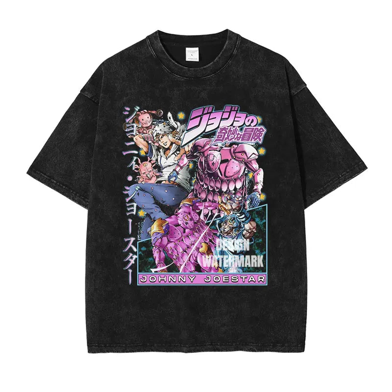 JOJO Steel Ball Run T-shirt Vintage Washed Zeppeli Gyro T Shirts Oversize Manga JOJO DIO Jotaro Jolyne Jean Pierre Tops Tees Men
