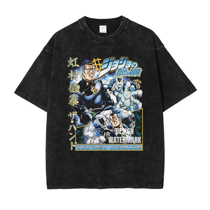 JOJO Steel Ball Run T-shirt Vintage Washed Zeppeli Gyro T Shirts Oversize Manga JOJO DIO Jotaro Jolyne Jean Pierre Tops Tees Men