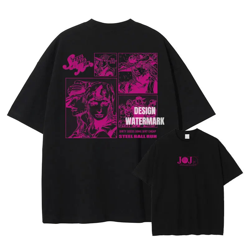 JOJO Steel Ball Run T-shirt Vintage Washed Zeppeli Gyro T Shirts Oversize Manga JOJO DIO Jotaro Jolyne Jean Pierre Tops Tees Men