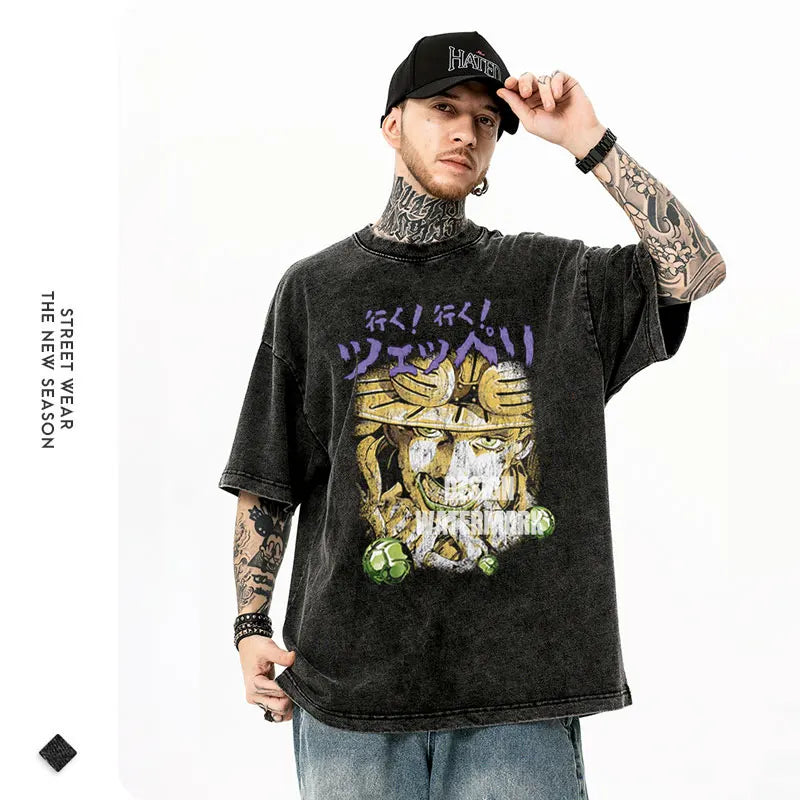 JOJO Steel Ball Run T-shirt Vintage Washed Zeppeli Gyro T Shirts Oversize Manga JOJO DIO Jotaro Jolyne Jean Pierre Tops Tees Men