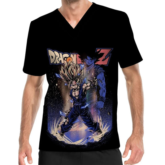 Men's Cartoon Simple Commuter Style Work Uniform Anime Dragon Ball Print V-Neck Pocket Matte T-shirt Laboratory Barber Pet Shop