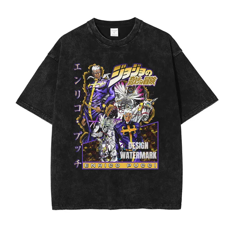 JOJO Steel Ball Run T-shirt Vintage Washed Zeppeli Gyro T Shirts Oversize Manga JOJO DIO Jotaro Jolyne Jean Pierre Tops Tees Men