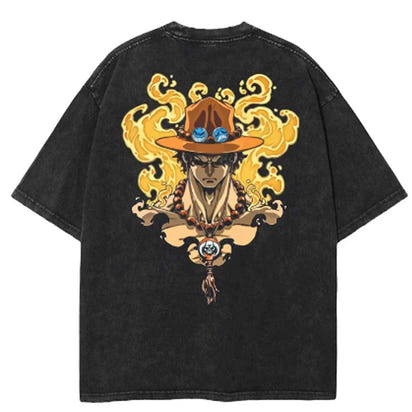 Men Casual Oversized Washed Harajuku T-shirt Washed Japanese Anime One Piece Graphic Loose Streetwear Black Tops Tees