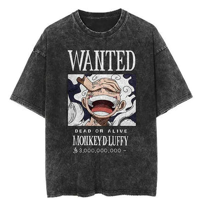 Men Casual Oversized Washed Harajuku T-shirt Washed Japanese Anime One Piece Graphic Loose Streetwear Black Tops Tees