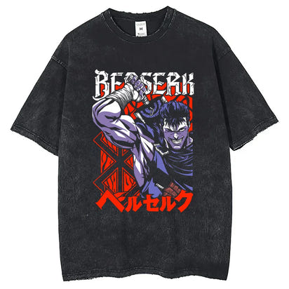 Hot Anime Berserk Guts Printing T Shirt Men Manga Clothing Vintage Washed Tee Oversized Cotton Tshirt Harajuku Male T-shirt