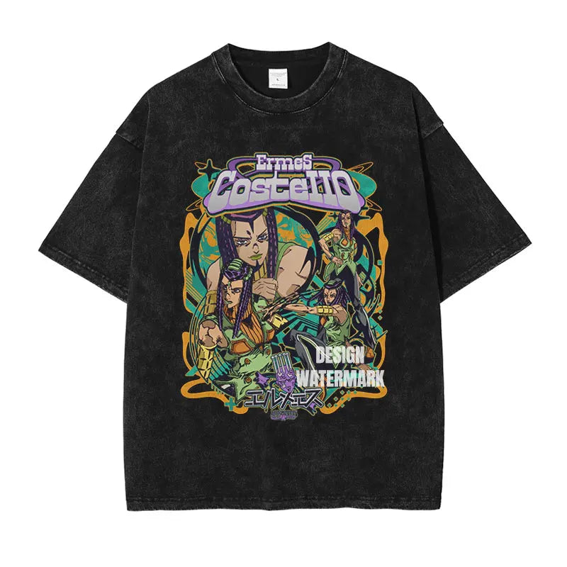 JOJO Steel Ball Run T-shirt Vintage Washed Zeppeli Gyro T Shirts Oversize Manga JOJO DIO Jotaro Jolyne Jean Pierre Tops Tees Men
