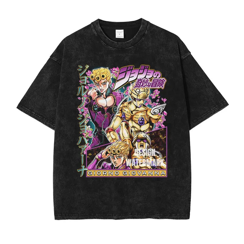 JOJO Steel Ball Run T-shirt Vintage Washed Zeppeli Gyro T Shirts Oversize Manga JOJO DIO Jotaro Jolyne Jean Pierre Tops Tees Men