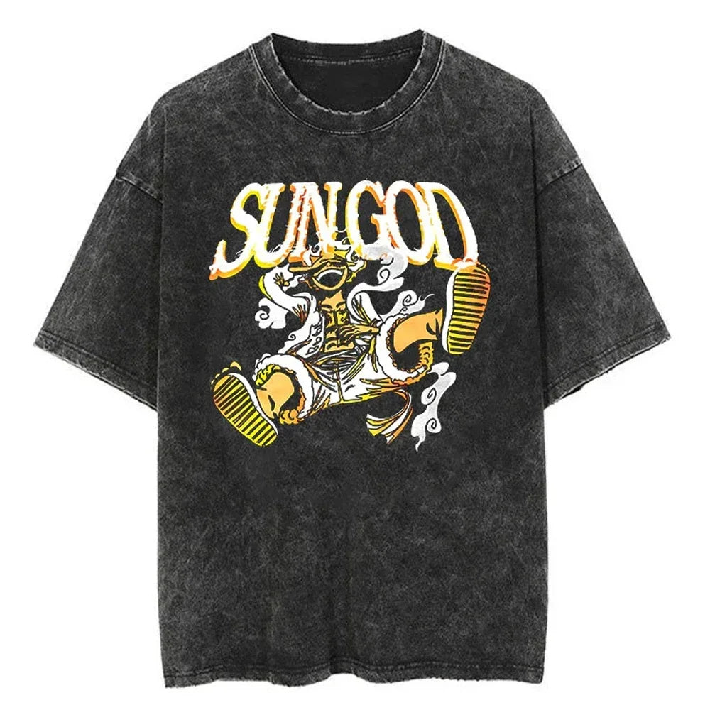 Men Casual Oversized Washed Harajuku T-shirt Washed Japanese Anime One Piece Graphic Loose Streetwear Black Tops Tees