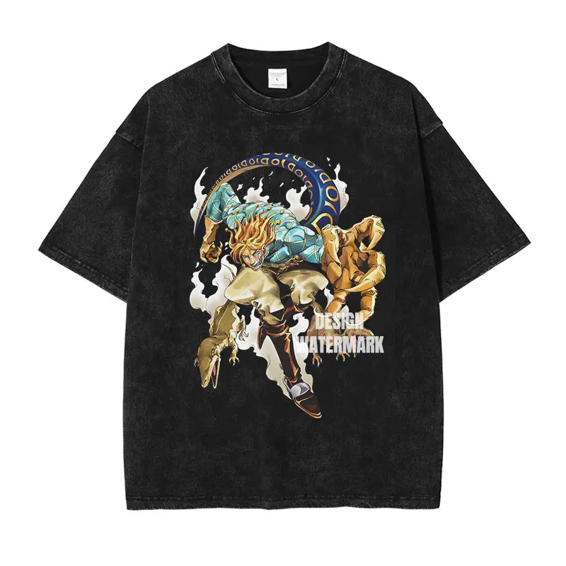 JOJO Steel Ball Run T-shirt Vintage Washed Zeppeli Gyro T Shirts Oversize Manga JOJO DIO Jotaro Jolyne Jean Pierre Tops Tees Men