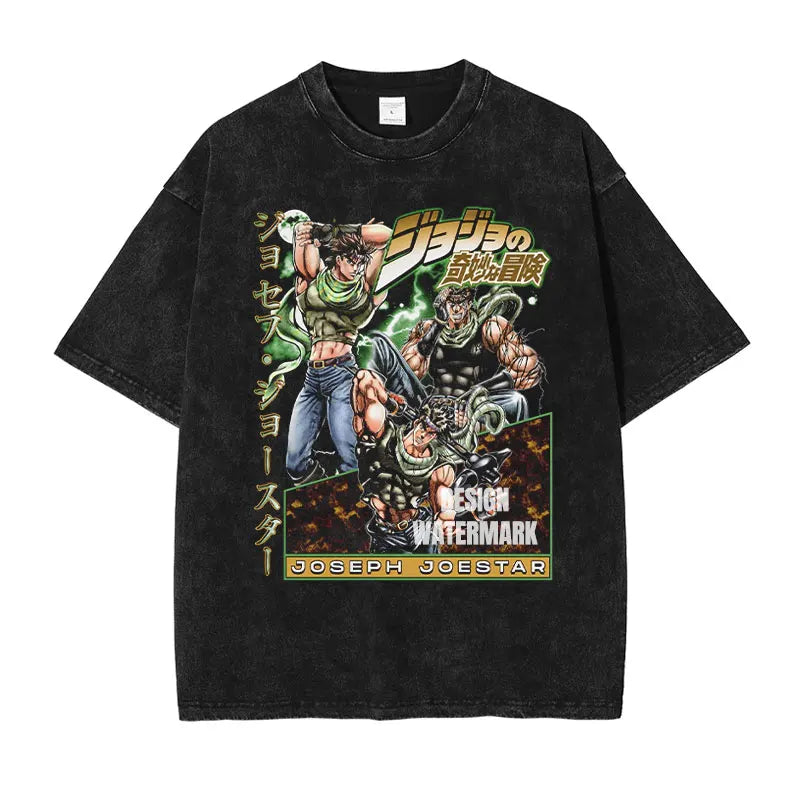 JOJO Steel Ball Run T-shirt Vintage Washed Zeppeli Gyro T Shirts Oversize Manga JOJO DIO Jotaro Jolyne Jean Pierre Tops Tees Men