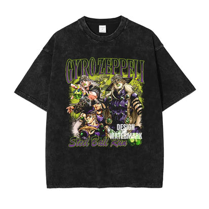 JOJO Steel Ball Run T-shirt Vintage Washed Zeppeli Gyro T Shirts Oversize Manga JOJO DIO Jotaro Jolyne Jean Pierre Tops Tees Men