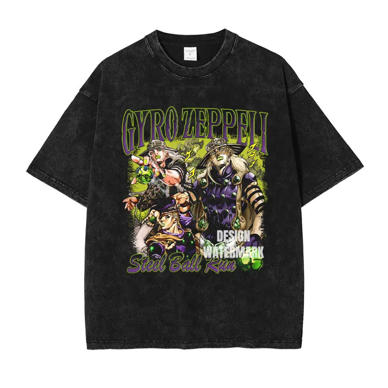 JOJO Steel Ball Run T-shirt Vintage Washed Zeppeli Gyro T Shirts Oversize Manga JOJO DIO Jotaro Jolyne Jean Pierre Tops Tees Men
